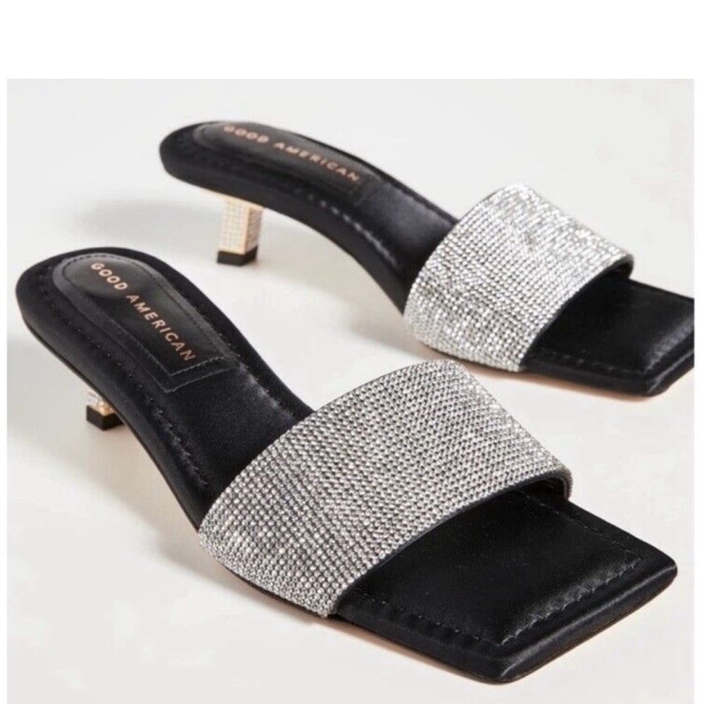 Good American Black Satin Mules with Crystal-Embellished Strap
